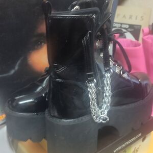 Patent Black Lace-Up Platform Combat Boots with Silver Chain Accent